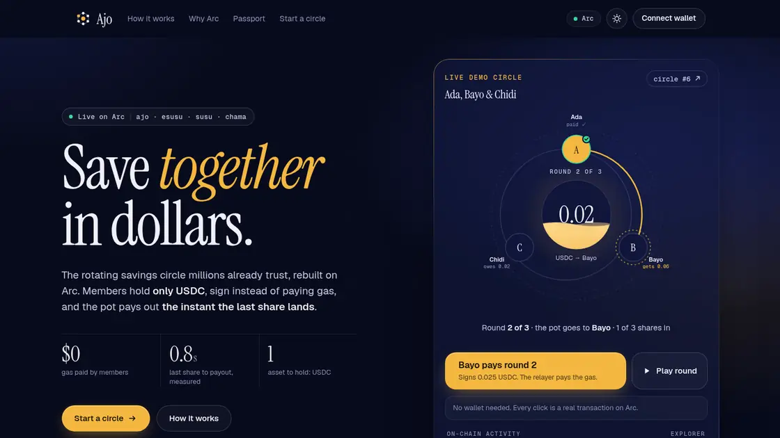 Screenshot of the Ajo homepage: save together in dollars
