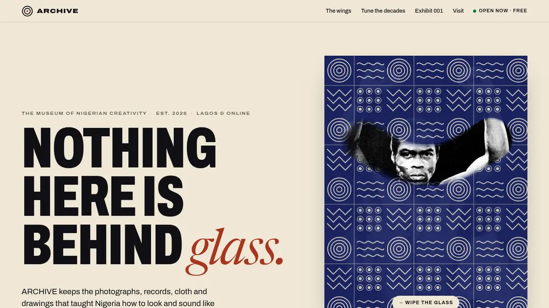 Screenshot of the ARCHIVE homepage: Fela under a pane of adire glass