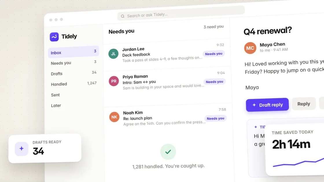 Frame from the Tidely launch film showing the inbox screen